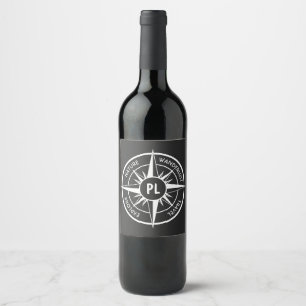 Compass star emblem monogram black and white wine label