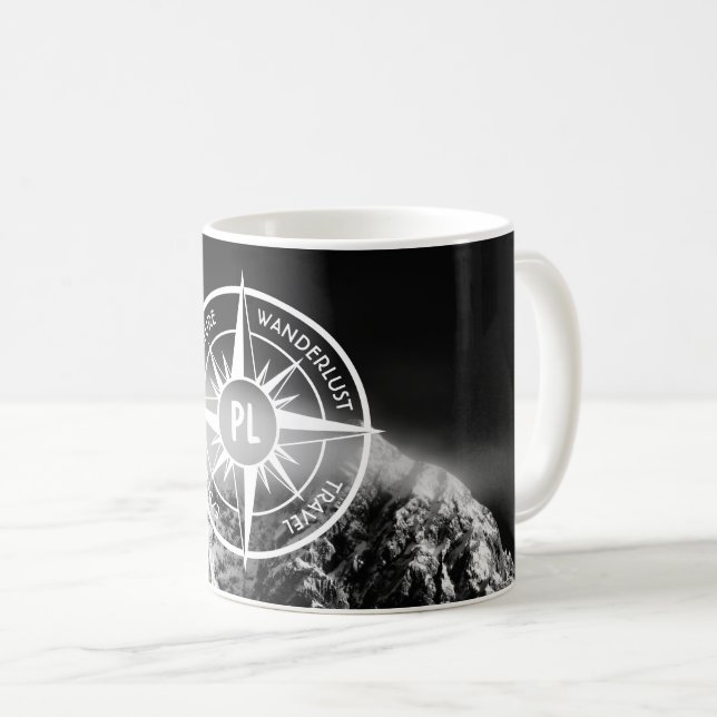 Compass star emblem monogram dramatic mountains coffee mug (Front Right)