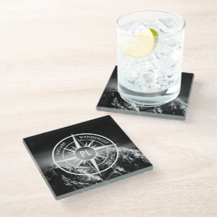 Compass star emblem monogram dramatic mountains glass coaster