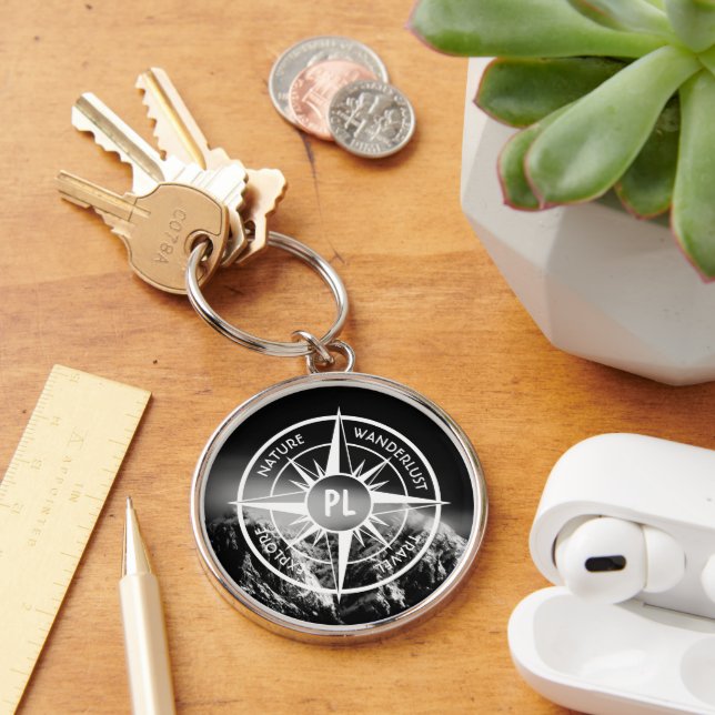Compass star emblem monogram dramatic mountains key ring (Desk)