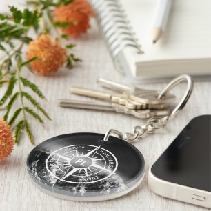 Compass star emblem monogram dramatic mountains key ring