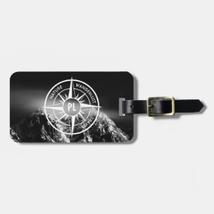 Compass star emblem monogram dramatic mountains luggage tag