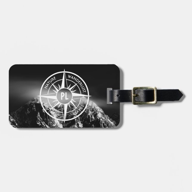 Compass star emblem monogram dramatic mountains luggage tag (Front Horizontal)