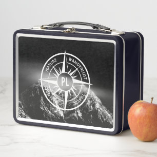 Compass star emblem monogram dramatic mountains metal lunch box
