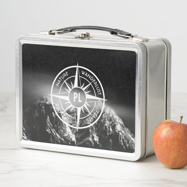 Compass star emblem monogram dramatic mountains metal lunch box (In Situ)