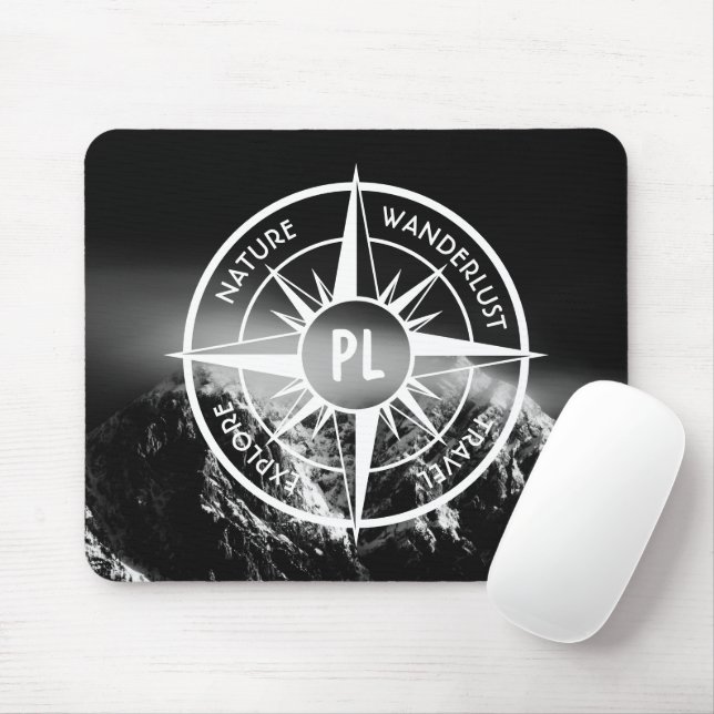 Compass star emblem monogram dramatic mountains mouse mat (With Mouse)