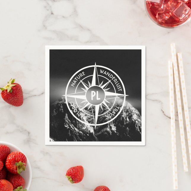 Compass star emblem monogram dramatic mountains napkin (Insitu)