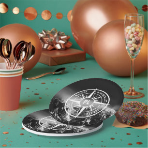 Compass star emblem monogram dramatic mountains paper plate