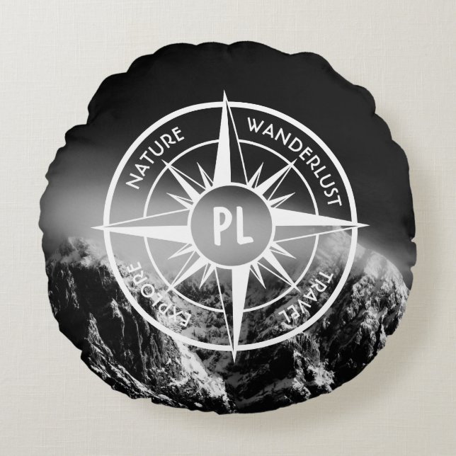Compass star emblem monogram dramatic mountains round cushion (Front)