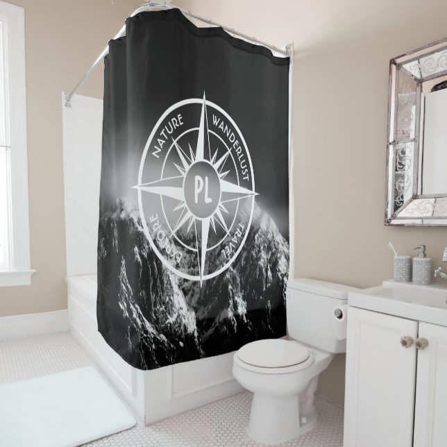 Compass star emblem monogram dramatic mountains shower curtain (In Situ)