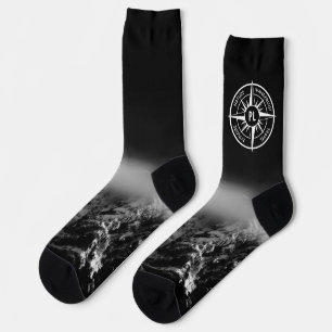 Compass star emblem monogram dramatic mountains socks