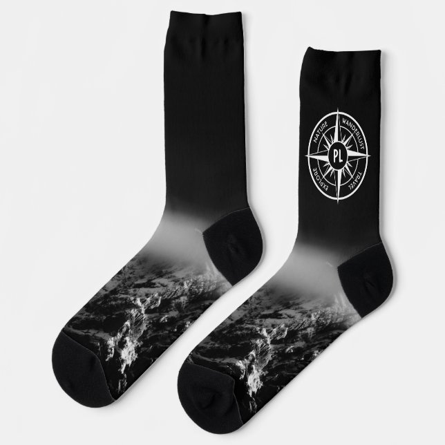 Compass star emblem monogram dramatic mountains socks (Left)