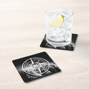 Compass star emblem monogram dramatic mountains square paper coaster