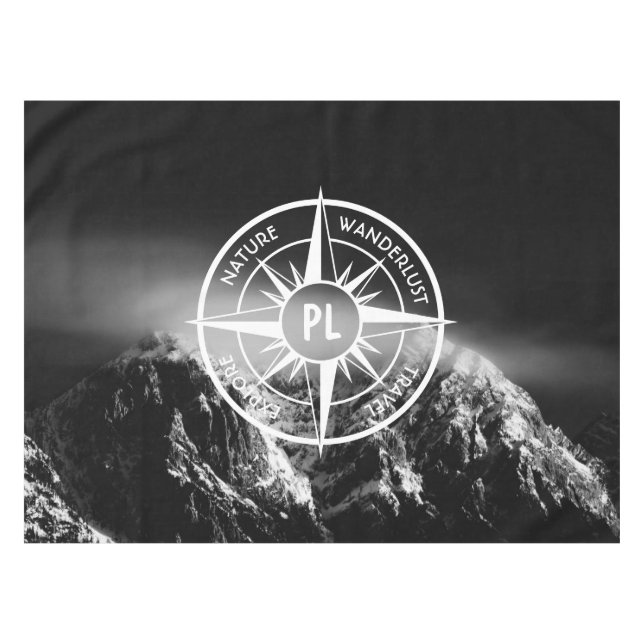Compass star emblem monogram dramatic mountains tablecloth (Front (Horizontal))