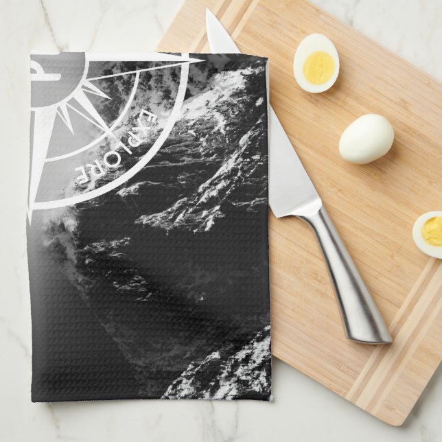 Compass star emblem monogram dramatic mountains tea towel (Quarter Fold)