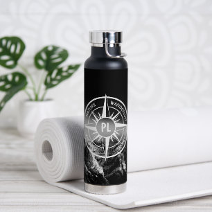 Compass star emblem monogram dramatic mountains water bottle