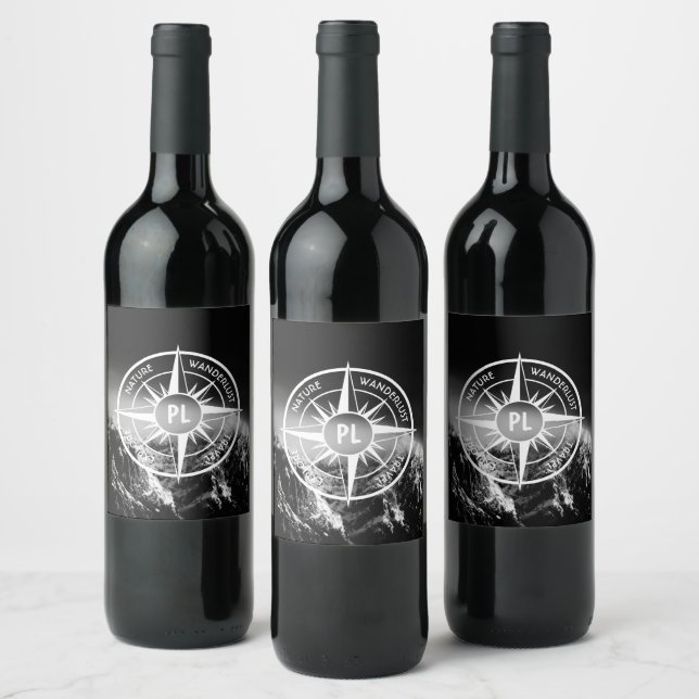 Compass star emblem monogram dramatic mountains wine label (Bottles)