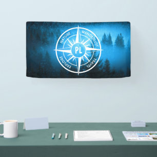 Compass star emblem monogram fog in spruce forest banner