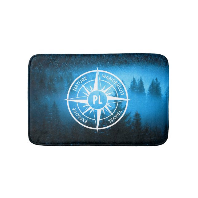 Compass star emblem monogram fog in spruce forest bath mat (Front)