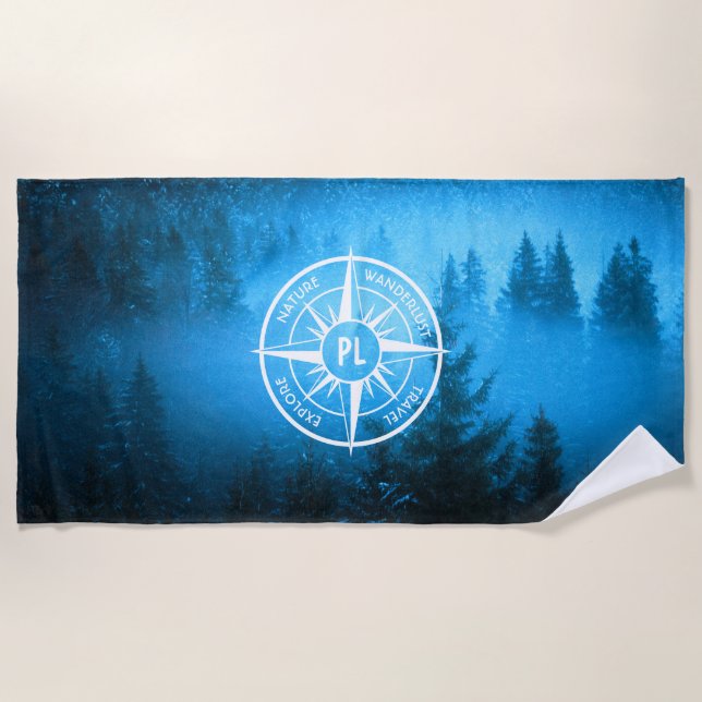 Compass star emblem monogram fog in spruce forest beach towel (Front)