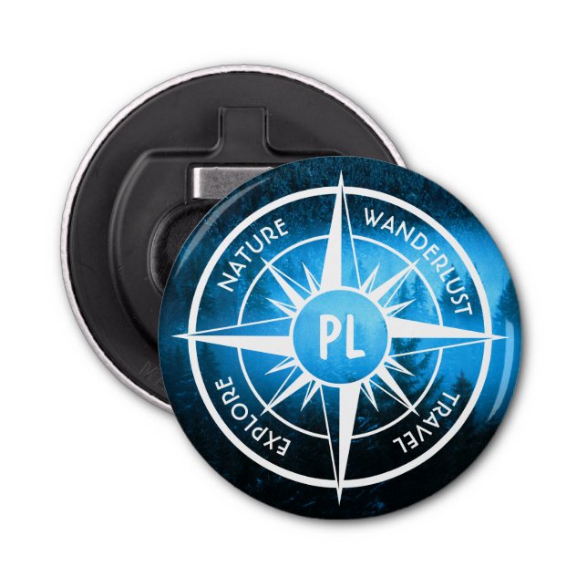 Compass star emblem monogram fog in spruce forest bottle opener (Front)