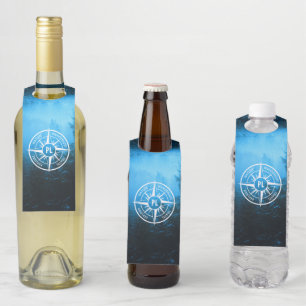 Compass star emblem monogram fog in spruce forest bottle tag