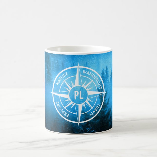 Compass star emblem monogram fog in spruce forest coffee mug (Center)