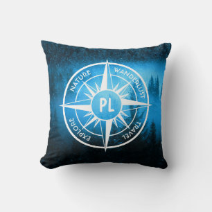 Compass star emblem monogram fog in spruce forest cushion