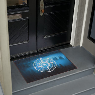 Compass star emblem monogram fog in spruce forest doormat