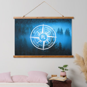 Compass star emblem monogram fog in spruce forest hanging tapestry