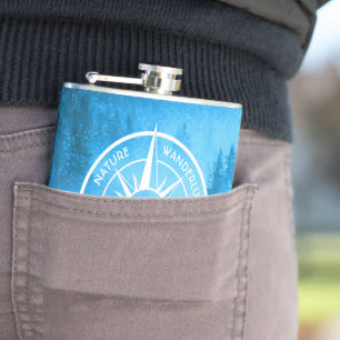 Compass star emblem monogram fog in spruce forest hip flask