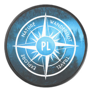 Compass star emblem monogram fog in spruce forest hockey puck