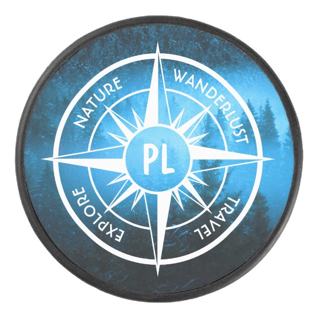 Compass star emblem monogram fog in spruce forest hockey puck (Front)