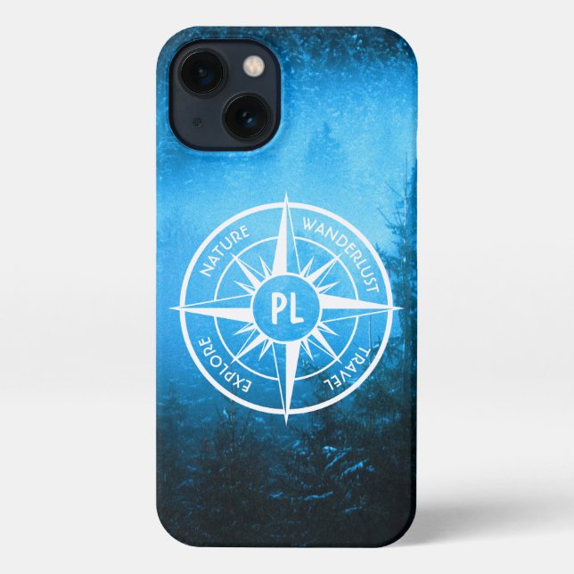 Compass star emblem monogram fog in spruce forest iPhone case (Back)