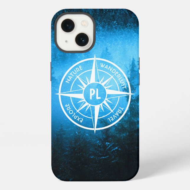 Compass star emblem monogram fog in spruce forest iPhone case (Back)