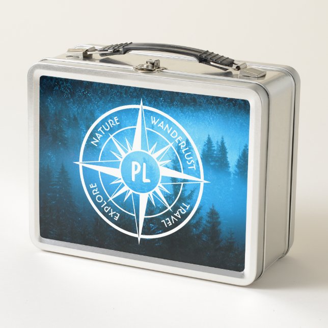 Compass star emblem monogram fog in spruce forest metal lunch box (Front)