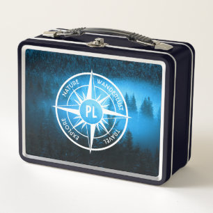 Compass star emblem monogram fog in spruce forest metal lunch box
