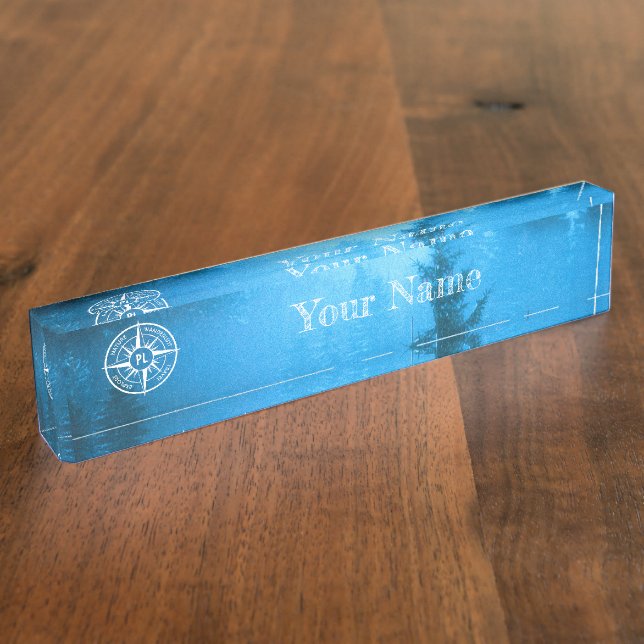 Compass star emblem monogram fog in spruce forest nameplate (Side)