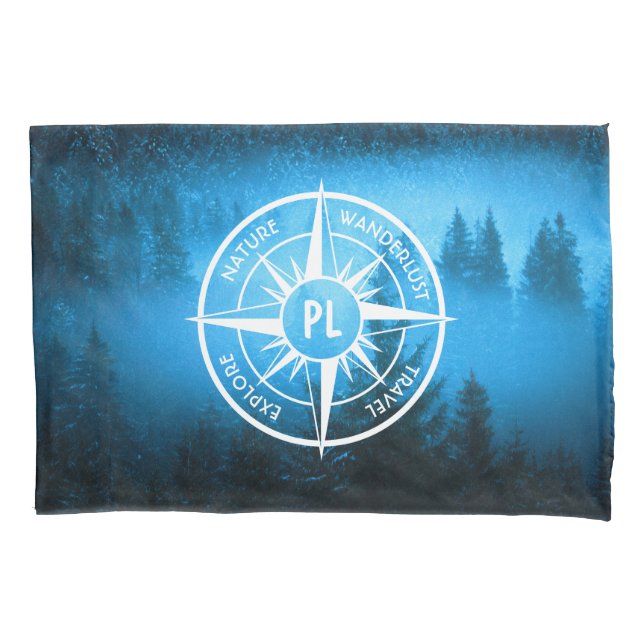Compass star emblem monogram fog in spruce forest pillowcase (Front)