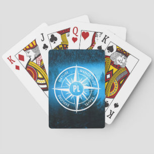 Compass star emblem monogram fog in spruce forest playing cards