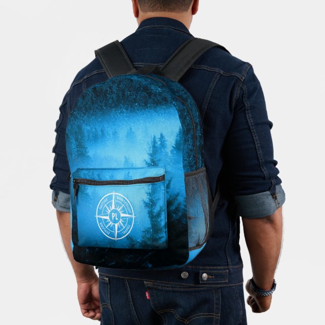 Compass star emblem monogram fog in spruce forest printed backpack (Insitu (Model))