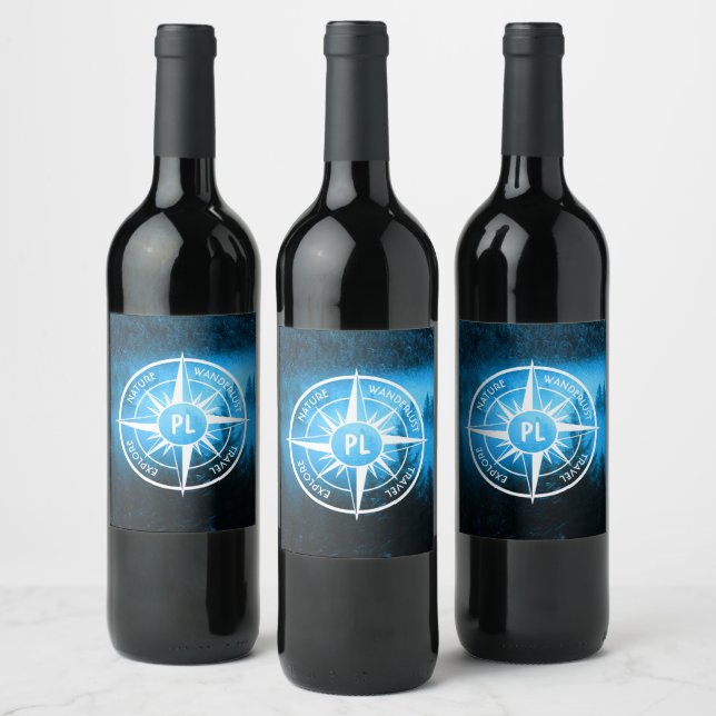 Compass star emblem monogram fog in spruce forest wine label (Bottles)