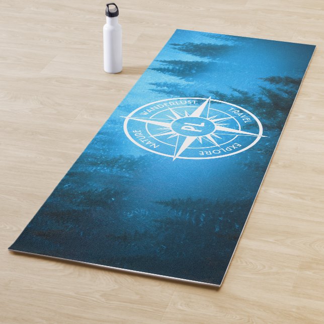 Compass star emblem monogram fog in spruce forest yoga mat (In Situ)