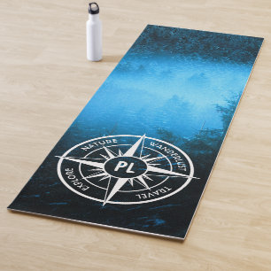 Compass star emblem monogram fog in spruce forest yoga mat