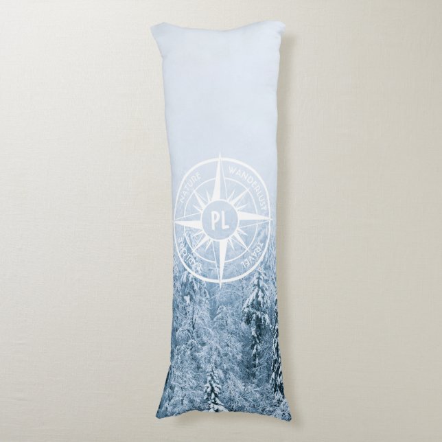 Compass star emblem monogram winter spruce forest body cushion (Front Vertical)