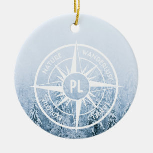 Compass star emblem monogram winter spruce forest ceramic tree decoration
