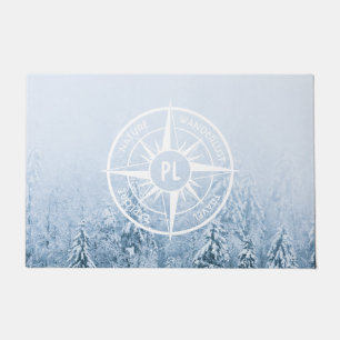 Compass star emblem monogram winter spruce forest doormat