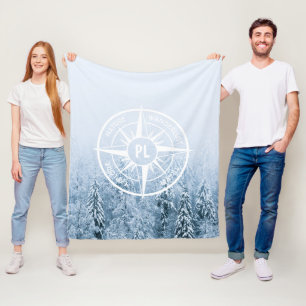 Compass star emblem monogram winter spruce forest fleece blanket