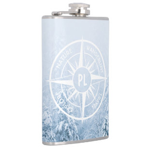 Compass star emblem monogram winter spruce forest hip flask