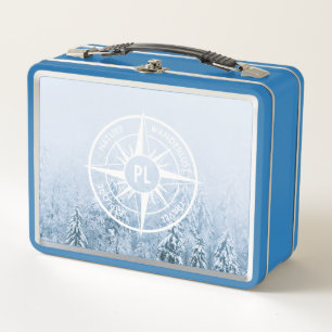 Compass star emblem monogram winter spruce forest metal lunch box